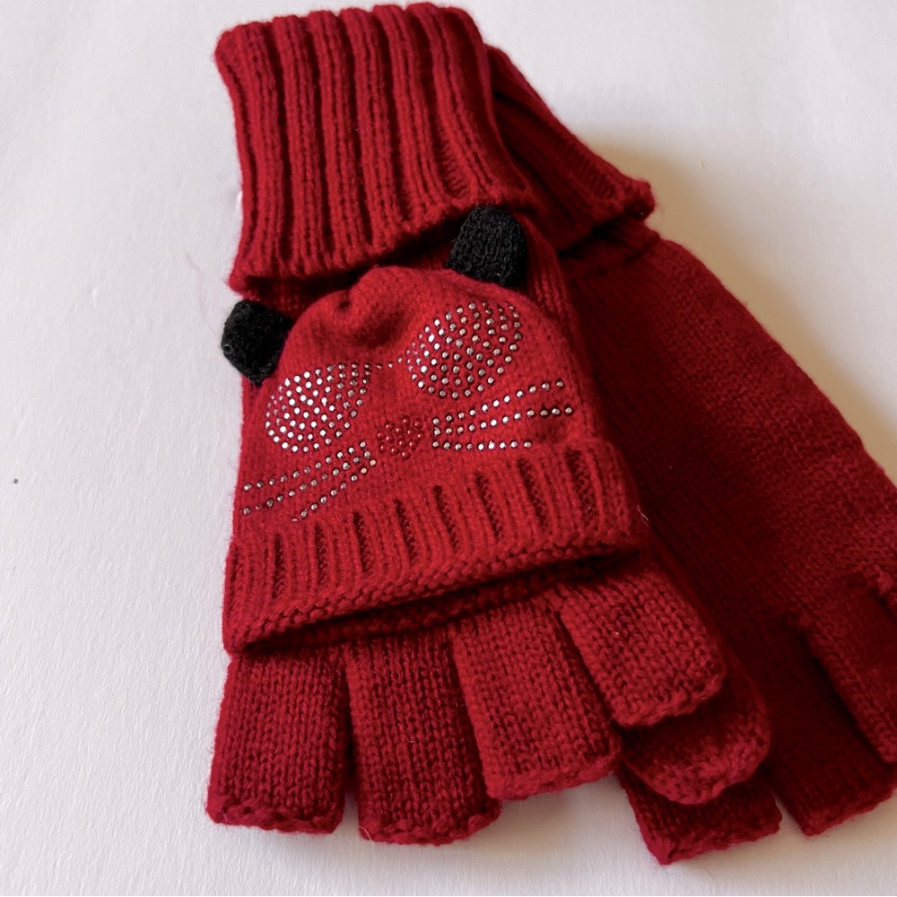 KARL LAGERFELD POP TOP CONVERTIBLE FINGERLESS GLOVES MITTENS RED KARL CAT LOGO